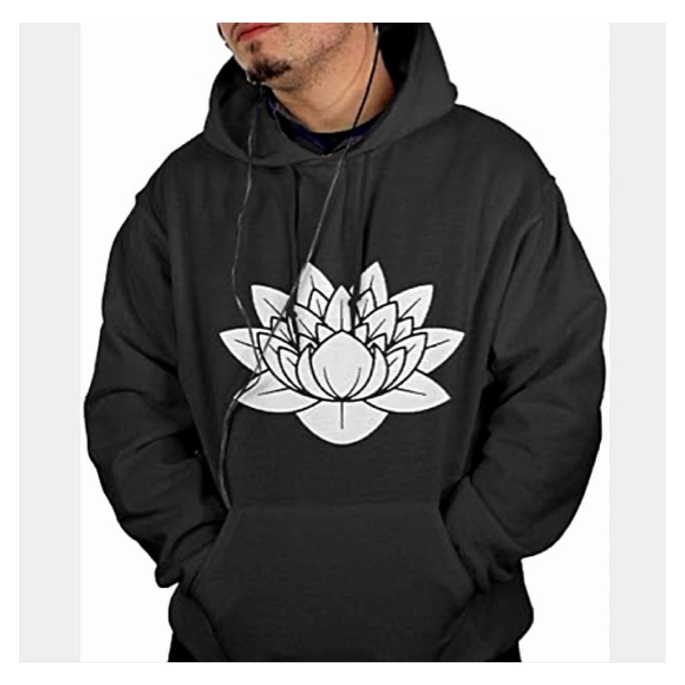 2XL BLACK LOTUS FLOWER HOODIE Pullover Kangaroo Hoodie Distressed Lotus Flower